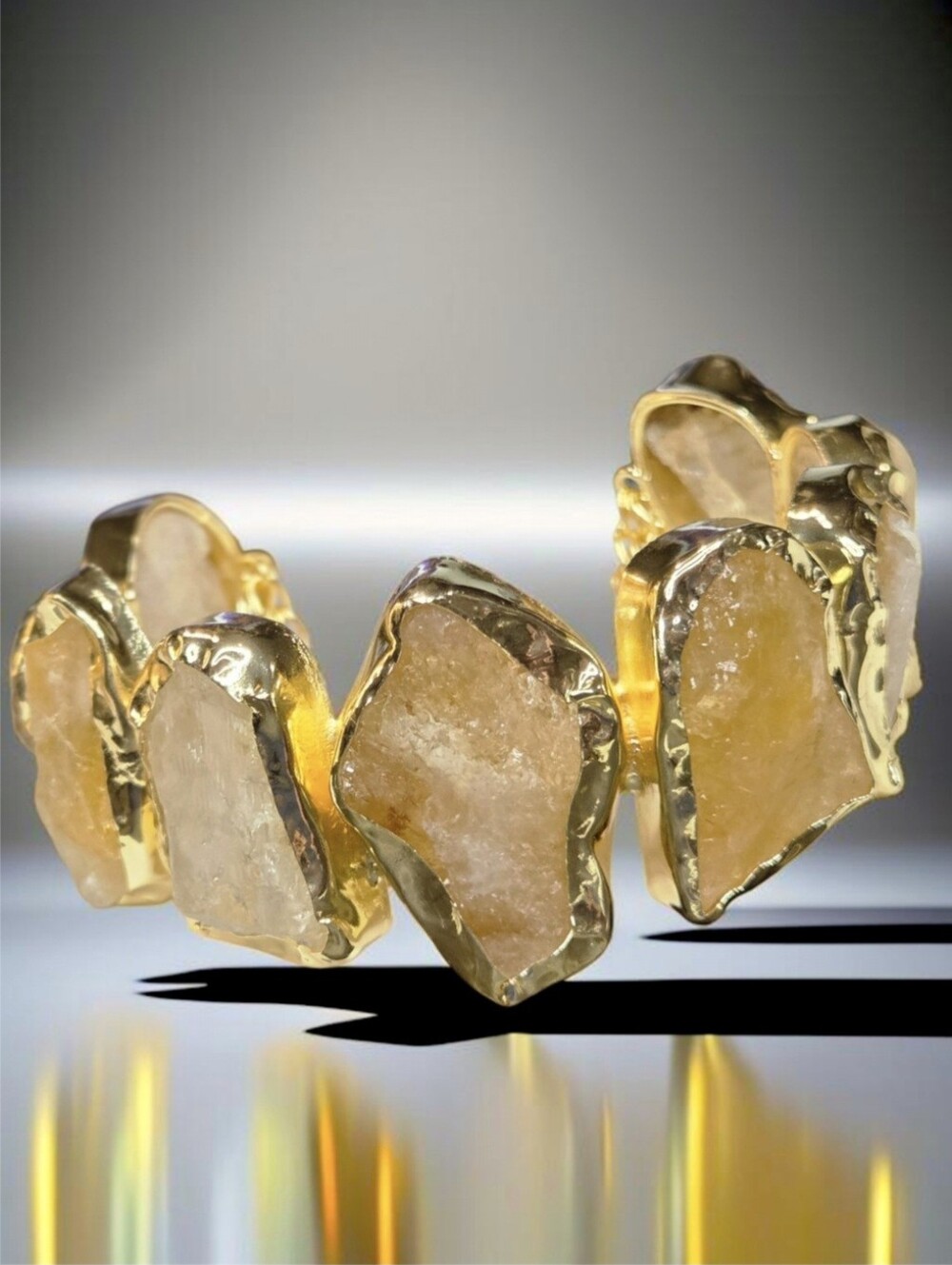 22k Gold Plated Artisan Raw Natural Citrine Chunky Cuff Chain Dangle Bracelet